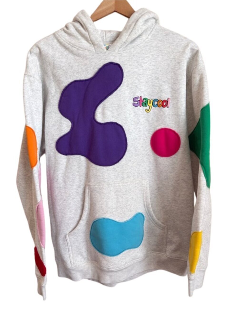 Stay Cool NYC Colorful Applique Patch Hoodie Medium Gray Retro Streetwear Fleece